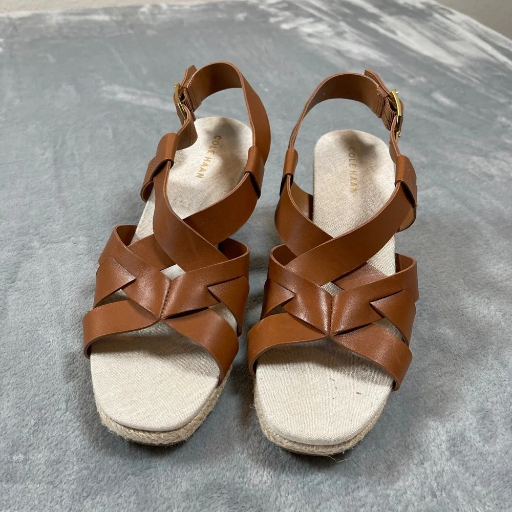Cole Haan Grand 360 Size 6 Brown Leather Espadrille Wedge Slingback Buckle